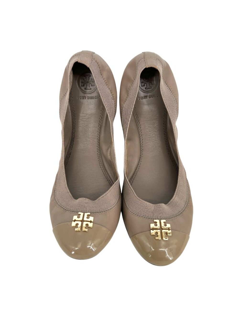 Tory Burch Jolie Ballet Flats Beige Leather Cap Toe Logo Size 8 Quiet Luxury